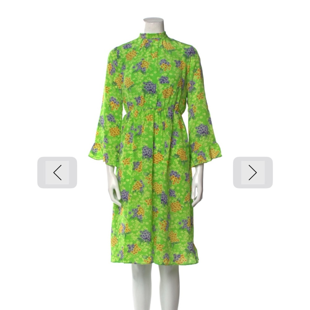 Les Rêveries Green Floral Silk High Waist A-Line Dress